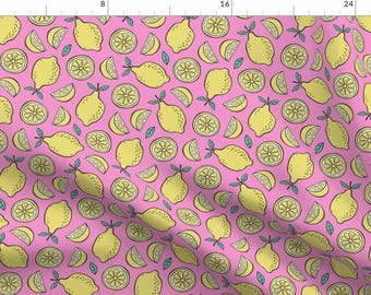 Lemon Fabric - Lemon Citrus On Dark Pink By Caja Design - Lemon Citrus Slices Pink Yellow Food Cotton Fabric By The Yard With Spoonflower