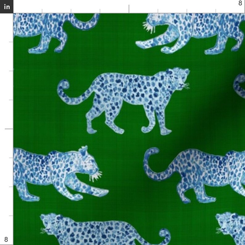 Leopards Blue Green Tropical Fabric Leopard Parade Blue On | Etsy