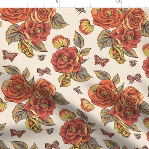 Blooming Floral Fabric - Shabby Rose by depiano - Flowers On Beige Autumn Floral Vintage Leaves Butterfly Fabric by the Yard by Spoonflower