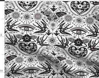 Tattoo Damask Fabric - Traditional Flash Tattoo by famenxt - Ink Tattoo Parlor Swallow Old School Evil Eye Fabric by the Yard by Spoonflower