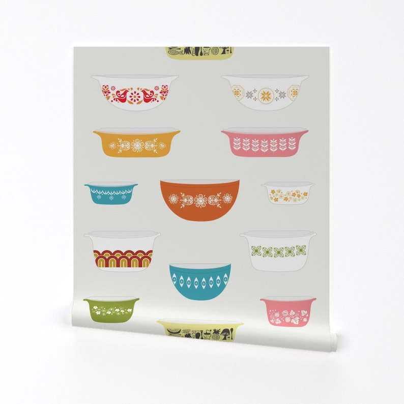 Retro Wallpaper - Vintage Dishes by calobeedoodles - Kitchen Dishes Cooking Baking Mcm Removable Peel and Stick Wallpaper by Spoonflower image 2