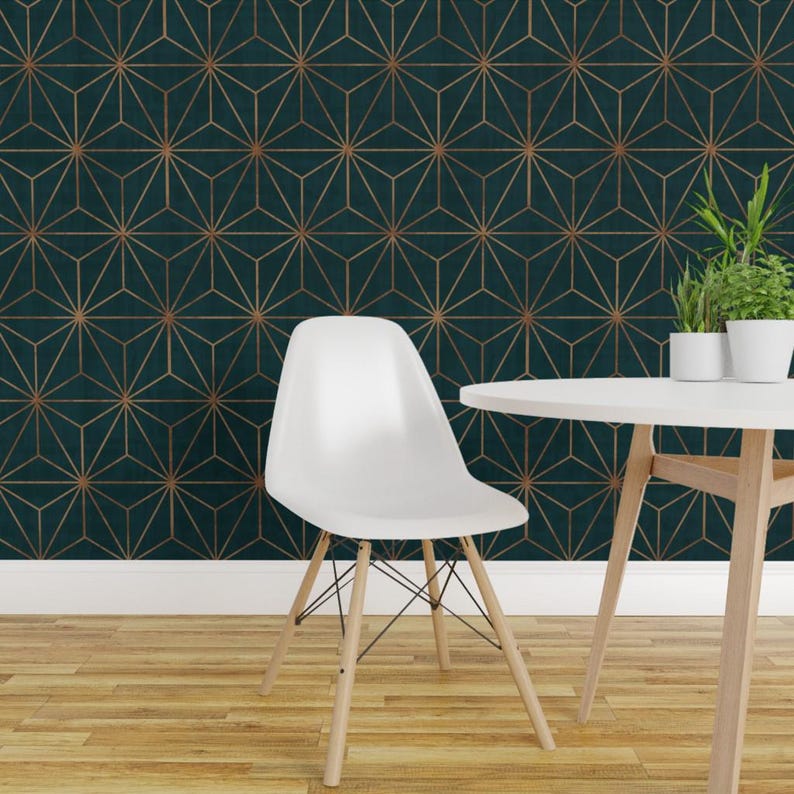 Star Wallpaper - Star Geo Deep Teal Copper By Crystal Walen - Green Custom Printed Removable Self Adhesive Wallpaper Roll by Spoonflower image 1