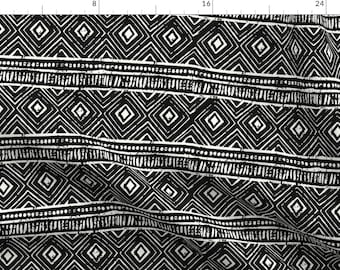 Tribal Fabric - Mud Cloth // Black and White By Thin Line Textiles - Tribal Abstract Geometric Cotton Fabric By The Yard With Spoonflower