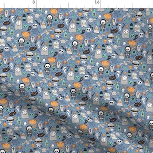 Tiny Fabric - Halloween Doodle On Blue Smaller Tiny By Caja Design - Spooky Cute Halloween Print Cotton Fabric By The Yard With Spoonflower