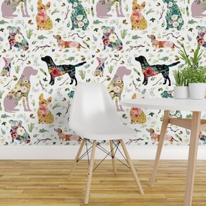 Floral Dogs Wallpaper - 8" Patchwork Dogs By Shopcabin - Floral Dogs Custom Printed Removable Self Adhesive Wallpaper Roll by Spoonflower