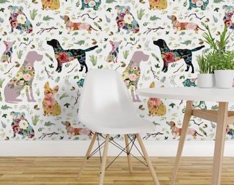 Floral Dogs Wallpaper - 8" Patchwork Dogs By Shopcabin - Floral Dogs Custom Printed Removable Self Adhesive Wallpaper Roll by Spoonflower