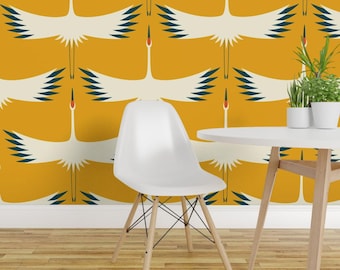 Whooping Crane Wallpaper - Migration 24" Wingspan Sunshine By Katerhees - Custom Printed Removable Adhesive Wallpaper Roll by Spoonflower