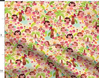 Hula Girls Fabric - Hula Cuties Light Version - Small By Miss Fluff - Hula Girls Tropical Monkey Cotton Fabric By The Yard With Spoonflower