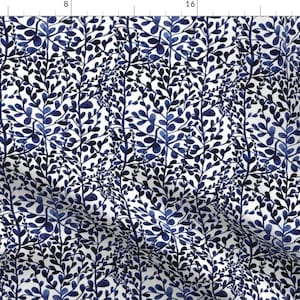 Blue Indigo Leaves Fabric - Navy Floral And Leaves By Marjolein In Wonderland - Blue Indigo Cotton Fabric By The Yard With Spoonflower