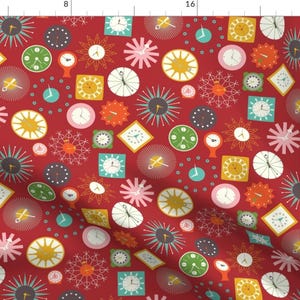 May include: A red background with a repeating pattern of various clocks and starburst designs in shades of blue, green, yellow, orange, pink, and white.