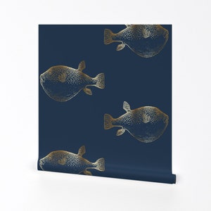 Fish Wallpaper - Gold Blowfish Navy Pufferfish By Jenlats - Nautical Custom Printed Removable Self Adhesive Wallpaper Roll by Spoonflower