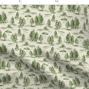 Green Alien Toile Fabric - Small Green Alien Abduction Toile De Jouy By Somecallmebeth - Vintage Style Fabric By The Yard With Spoonflower