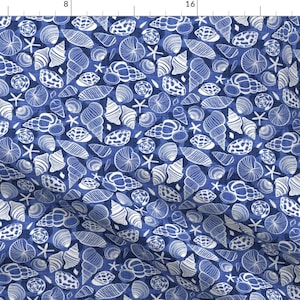 Seashell Fabric - Sea Treasures By Selmacardoso - Blue White Ocean Coral Beach Nautical Coastal Cotton Fabric By The Yard With Spoonflower