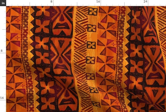 Tiki Tapa Fabric - Tapa Flower by Woodyworld Brown Orange