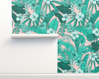 Tropical Wallpaper - Miami Beach / Aqua Peach By Shopcabin - Botanical Spoonflower Custom Printed Removable Self Adhesive Wallpaper Roll