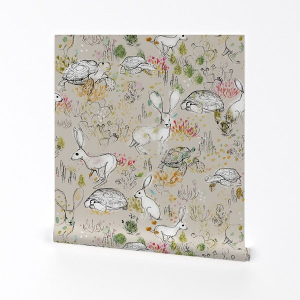 Tortoise Wallpaper - Desert Dwellers by lucindawei - Turtle Watercolor Rabbit Hare Desert Removable Peel and Stick Wallpaper by Spoonflower