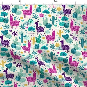 Llama Fabric - Llamas In The Desert By Heleen van den Thillart -Cactus Desert Llama Cotton Fabric By The Yard With Spoonflower