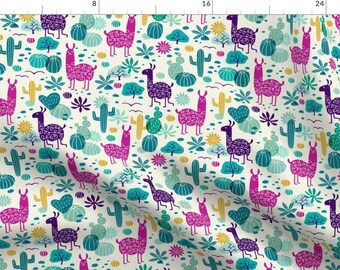 Llama Fabric - Llamas In The Desert By Heleen van den Thillart -Cactus Desert Llama Cotton Fabric By The Yard With Spoonflower