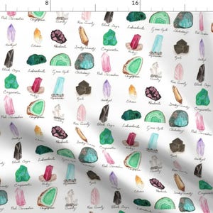 May include: A white background with a repeating pattern of watercolour illustrations of various crystals and gemstones. Each crystal is labelled with its name, including Rose Quartz, Black Onyx, Labradorite, Green Spell, Celestite, Red Tourmaline, Chrysoprase, Clear Quartz, Amethyst, Citrine, Rhodochrosite, Smoky Quartz, and Carnelian.