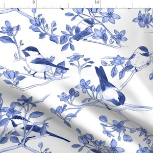 Bird Fabric - Blue Chickadees by miyatake_designs - Flowers Botanical Blossom Cobalt Chinoiserie Fabric by the Yard by Spoonflower
