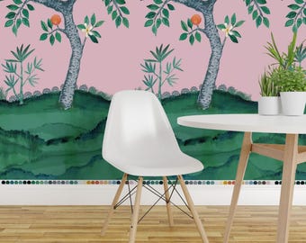 Orange Orchard Wallpaper - Citrus Grove Mural Panel B Pink By Danika Herrick - Pink Removable Self Adhesive Wallpaper Roll by Spoonflower