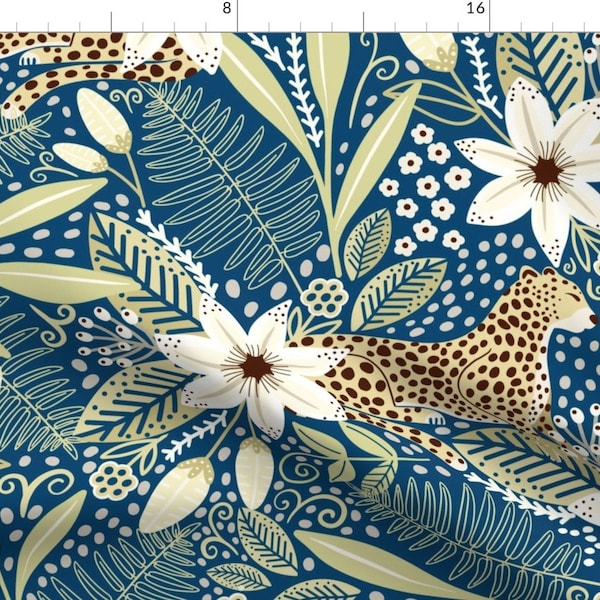 Leopard Jungle Fabric - Flora Tropical Escape Jungle Plants Exotic Cheetah Large By Trendy Creation Prints - Blue Fabric with Spoonflower