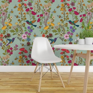 Pollinators Wallpaper - Hummingbirds And Bees By Ceciliamok -Mint Blue Garden Botanics Removable Self Adhesive Wallpaper Roll by Spoonflower
