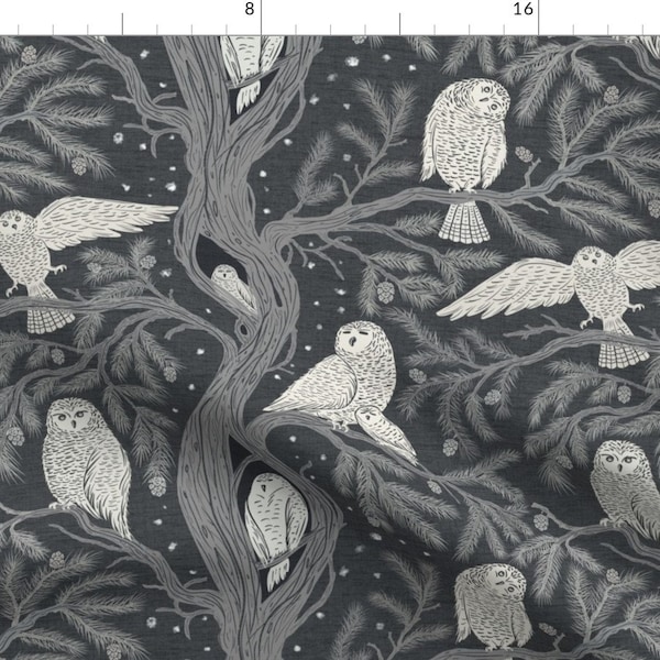 Monochrome Woodland Fabric - Snowy Owl On Pine by emmaviktoria - Grayscale Snowy Owl Birds Of Prey Winter  Fabric by the Yard by Spoonflower