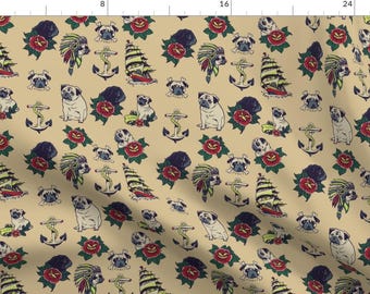 Pugs Floral Beige Nautical Pattern Fabric - Pugs Tattoo By Huebucket - Pug Roses Illustration Cotton Fabric By The Yard With Spoonflower