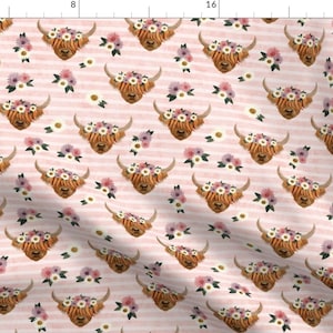 Highland Cow Pink Floral Fabric - Floral Highland Cattle Farm Animals - Highlander Cow - Pink Stripes - Lad19 By Littlearrowdesign
