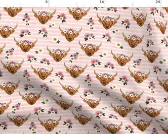 Highland Cow Pink Floral Fabric - Floral Highland Cattle Farm Animals - Highlander Cow - Pink Stripes - Lad19 By Littlearrowdesign