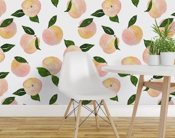 Fruit Wallpaper - Peaches By Shopcabin - Watercolor Farmhouse Decor Custom Printed Removable Self Adhesive Wallpaper Roll by Spoonflower
