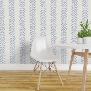 Blue Vines Wallpaper - Leaf Pattern Vertical By Forests - Blue Cream Nautical Neutral Removable Self Adhesive Wallpaper Roll by Spoonflower