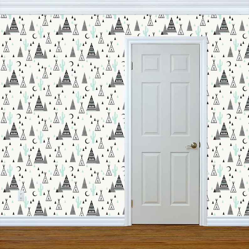 Boho Teepee Wallpaper Custom Printed Removable Self Adhesive Wallpaper Roll by Spoonflower Tipi Mint Southwest Triangle By Charlottewinter