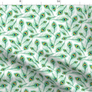Peacock Feathers Fabric - Scattered Emerald Peacock Feathers In Watercolor By Micklyn - Peacocks Cotton Fabric By The Yard With Spoonflower