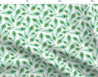 Peacock Feathers Fabric - Scattered Emerald Peacock Feathers In Watercolor By Micklyn - Peacocks Cotton Fabric By The Yard With Spoonflower