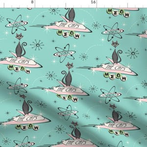 Cat Outer Space Cats Blue Fabric - The Cat&#39;S Meow - Tabbies On Aqua By Studioxtine - Cat Cotton Fabric By The Yard With Spoonflower