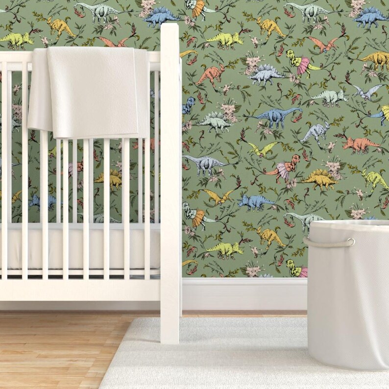 Dinosaur Wallpaper - Dino Dancer Dusk By Pattern State - Green Dinosaur Custom Printed Removable Self Adhesive Wallpaper Roll by Spoonflower image 6