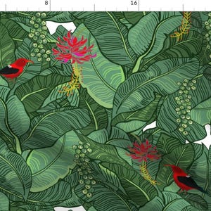 Rainforest Botanical Fabric - Hawaiian Rainforest I&#39;Iwi Bird Sighting By Honoluludesign - Jungle Cotton Fabric By The Yard With Spoonflower