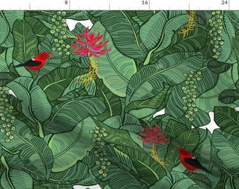 Rainforest Botanical Fabric - Hawaiian Rainforest I'Iwi Bird Sighting By Honoluludesign - Jungle Cotton Fabric By The Yard With Spoonflower