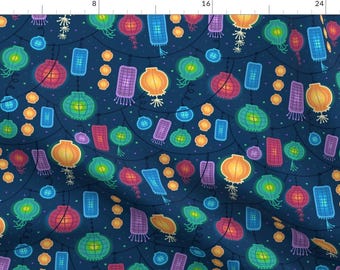Chinese Lantern Fabric - Glowing Lanterns By Oksancia - Navy Chinese Lantern Cotton Fabric By The Yard With Spoonflower