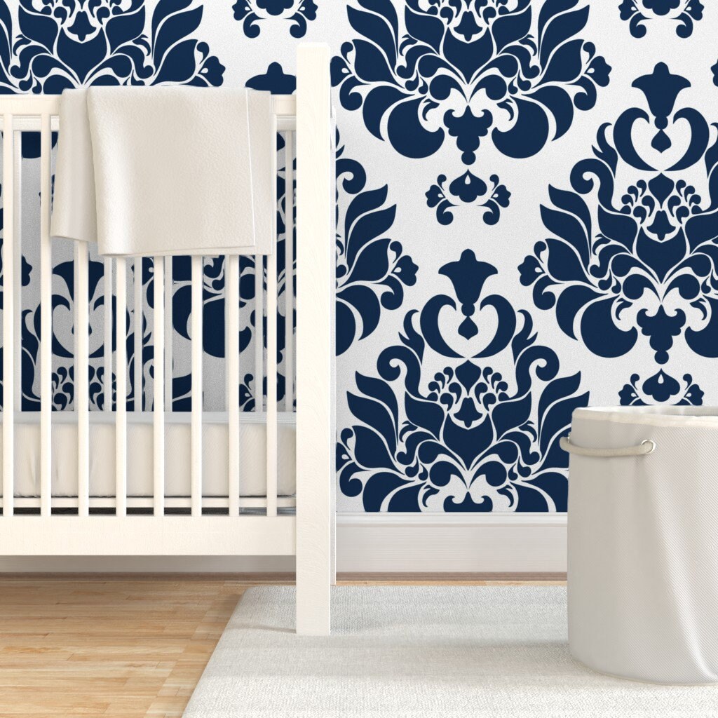 Navy Damask Wallpaper Damask Navy by Mintedtulip Victorian Etsy