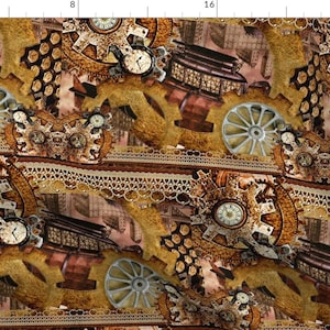 Steampunk Collage Fabric - Come Fly With Me Steampunk Collage By Whimzwhirled- Clock Gear Machine Cotton Fabric By The Yard With Spoonflower
