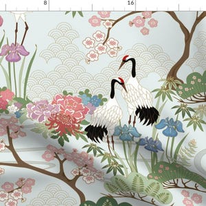 Crane Chinoiserie Fabric - Japanese Garden by juditgueth - Blue Green Pink Botanical Floral Fabric by the Yard by Spoonflower