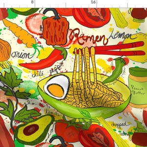 Ramen Noodle Fabric - Ramen Recipe By Orangefancy - Colorful Ramen Ingredients List Noodle Bowl Cotton Fabric By The Yard With Spoonflower