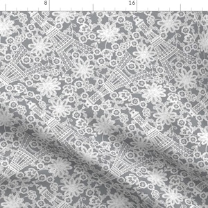 Eiffel Tower Lace Fabric - French Lace By Mag-O - Gray and White French Lace Cotton Fabric By The Yard With Spoonflower