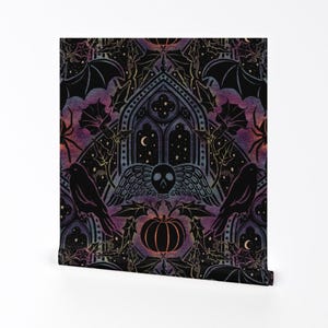 Raven Removable Peel and Stick Wallpaper - Damask Spooky Bat Witch Skull - Wall Art Wall Decor - Dark Gothic Large Scale by byre_wilde