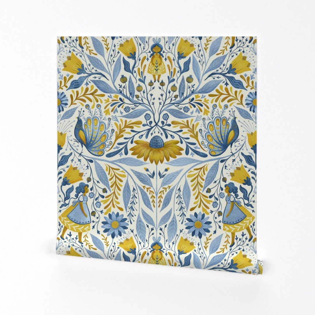 Yellow Folk Art Wallpaper Whimsical Folk Art by Gaiamarfurt Blue Floral