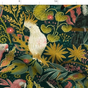 Parrots Fabric - Bird Watching  by fineapple_pair - Rainforest Cockatoo Tropical Leaves Toucans Trees  Fabric by the Yard by Spoonflower