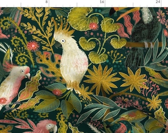 Parrots Fabric - Bird Watching  by fineapple_pair - Rainforest Cockatoo Tropical Leaves Toucans Trees  Fabric by the Yard by Spoonflower